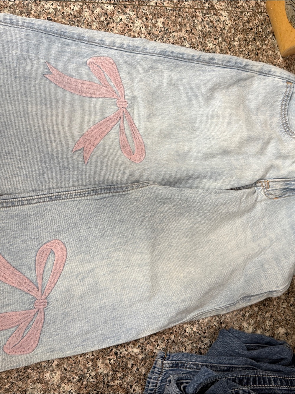 abercrombie kids Light Blue Straight Leg Jeans with Pink Bow Embroidery